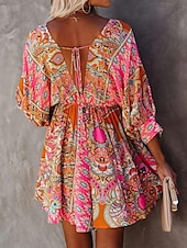 abordables Robes Bohémiennes-Femme Mini robe Robe Cachemire Robe casual Robes bohème chic robe boheme Bohême Ethnique Trapèze Vacances Plein Air Ample Floral Cachemire Manches 3/4 Col V Fuchsia Eté