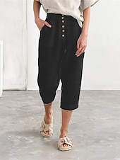 cheap Plain Cotton Linen Pant-Women&#039;s Cotton Linen Pants Fashion Basic Comfort Pure Color Pocket Elastic Waist Breathable Micro-elastic Street Daily Black White Navy Blue Brown Summer
