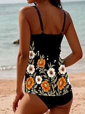 billiga Tankinis-Damernas badkläder tankini 2 del shorts baddräkt 2 del tryck semester strandkläder blommig ärmlös baddräkter