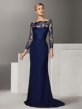 economico Lunghezza del pavimento-Abito da madre della sposa sirena elegante invitato a matrimonio con spalle scoperte lungo fino a terra pizzo chiffon elastico maniche lunghe con arricciature in pizzo taglia personalizzata gratuita