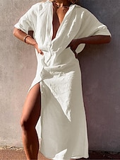 halpa design puuvilla- ja pellavamekot-Naisten Maksimekko Valkoinen mekko Puuvillaiset pellavamekot Paitamekko Rento mekko Perus Moderni Päivittäin Viikonloppu Loose Fit Tavallinen Puolihiha Paitapuserokaula-aukko Valkoinen Apila Kes