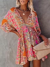 abordables Robes Bohémiennes-Femme Mini robe Robe Cachemire Robe casual Robes bohème chic robe boheme Bohême Ethnique Trapèze Vacances Plein Air Ample Floral Cachemire Manches 3/4 Col V Fuchsia Eté