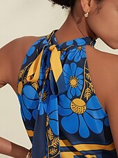 baratos camisas, tops e blusas-Mulheres Geométrico Flor / Plantas Férias Final de semana Sem Mangas Azul Franzido Amarre nas costas / na frente Sem Manga Blusas Amarrado No Pescoço Verão