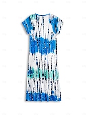abordables Robes Rayés et Géométriques-robe longue femme col en V imprimé tie-dye bleu vert blanc fente latérale décontractée plage été fluide confortable polyvalent manches courtes tailles disponibles mode