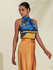 baratos camisas, tops e blusas-Mulheres Geométrico Flor / Plantas Férias Final de semana Sem Mangas Azul Franzido Amarre nas costas / na frente Sem Manga Blusas Amarrado No Pescoço Verão