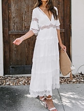 cheap White Lace Dresses-Women&#039;s White Dress Long Dress Maxi Dress Lace with Sleeve Wedding Date Vacation Elegant Bohemia V Neck Half Sleeve Black Pink Color