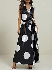ieftine Rochii Business-Pentru femei Rochie Maxi lungă Rochii Tip Cămașă Rochie din satin Epocă Vacanță Fit regulat Buline Fără manșon Guler Cămașă Negru Alb Trifoi Vară Primăvară