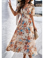 economico Abiti eleganti floreali-abito tubino da donna abito in chiffon prendisole floreale grafico elastico in vita stampa scollo a V spalle scoperte abito lungo abito lungo elegante tropicale festa appuntamento manica corta estate