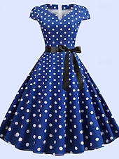 abordables Vestidos-Vestido de Años 50 con Lunares Vestido Retro Vintage de los 1950 Disfraces de Grease Vestido de Vacaciones Vestido de Campana Disfraz de Cosplay para Mujeres Vestido Diario Casual Máscara