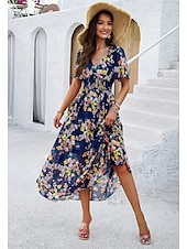 economico Abiti eleganti floreali-abito tubino da donna abito in chiffon prendisole floreale grafico elastico in vita stampa scollo a V spalle scoperte abito lungo abito lungo elegante tropicale festa appuntamento manica corta estate