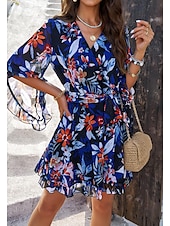 abordables Robes fleuries décontractées-robe décontractée pour femme robe fourreau robe d&#039;été rose imprimé 3D cravate devant imprimé col en V manches papillon mini robe bohème mignon rendez-vous vacances demi manches été printemps
