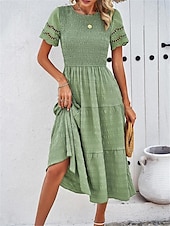 baratos Vestidos de renda branca-Mulheres Vestido branco Vestido midi Com Transparência Patchwork Encontro Férias Roupa de rua Básico Gola Redonda Manga Curta Preto Branco Marron Cor