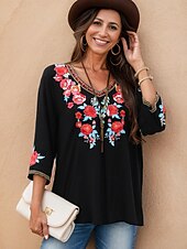 billige Kvinnenes ferietopper-Dame Designerskjorte Blomstret Stamme Årgang Bøhmisk stil Fritid 3/4 ermer V-hals Vanlige topper Arbeid Avslappet Ferie Broderi Svart Sommer Vår &amp; Vinter