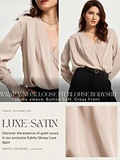billige Bluser og skjorter-langermet bluse for kvinner uformell essensiell arbeidstop satengbeige v-hals imitert omslagsbluse
