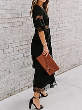 cheap White Lace Dresses-Women&#039;s White Dress Long Dress Maxi Dress Lace with Sleeve Wedding Date Vacation Elegant Bohemia V Neck Half Sleeve Black Pink Color