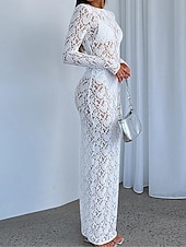 ieftine Bodycon Club Dresses-Pentru femei Rochie albă Rochie Lunga Rochie Maxi Dantelă Peteci Dată Vacanță Șic Stradă Maxi Rotund Manșon Lung Negru Alb Culoare