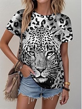 cheap Animals tee-Women&#039;s T Shirt Leopard Fashion Short Sleeve Crew Neck Regular Tops Daily Weekend Print Blue Purple Fuchsia Green Gray Summer