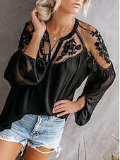 levne Dámské sexy topy-Košile Krajková košile Halenka Síťovaný patchworkový top Dámské Černá Bílá Pevná barva Šněrování Síťka ulice Denní Módní Do V S