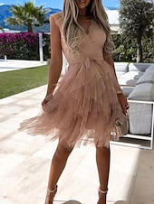 ieftine Rochii Party-Pentru femei Rochie de mireasa din dantela alba Rochii Boho Chic Rochie Boho pentru invitați de nuntă Rochie Mini Multistratificat cu Maneca Nuntă Dată Vacanță Linie A În V Fără manșon Negru Alb Roz