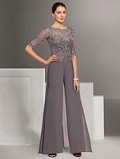 abordables Combinaisons pour maman-Combinaison deux pièces  tailleur mère de la mariée invitée de mariage église élégante petite décolleté bateau longueur sol chiffon manches mi-longues avec appliqués taille personnalisée gratuite