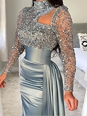 preiswerte BLAU-Meerjungfrau Abendkleid Pailletten Elegantes Kleid Formal Sweep  Brush Zug Lange Ärmel Hoher Hals Satin mit Perlen Maskeradenkleid 2025