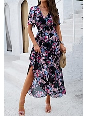 economico Abiti eleganti floreali-abito tubino da donna abito in chiffon prendisole floreale grafico elastico in vita stampa scollo a V spalle scoperte abito lungo abito lungo elegante tropicale festa appuntamento manica corta estate