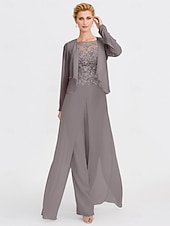 abordables Combinaisons pour maman-Ensemble jumpsuit  pantalon en deux pièces de mariage à la plage mère de la mariée invitée de mariage formelle élégante wrap inclus col bateau longueur sol chiffon manches 3/4 avec appliques 2025