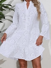ieftine Rochii Albe din Dantela-Pentru femei Rochie Mini Rochie albă Rochie de dantela Rochie casual Rochie de vară Șic Stradă De Bază Stradă Dată Potrivire Largă Manșon Lung Gât despicat Alb Vară
