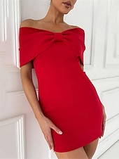 preiswerte Bodycon für den Klub-Damen Etuikleid Minikleid Rückenfrei Schleife Hochzeit Party Elegant Ausgefallene Schulterfrei Kurzarm Schwarz Weiß Rote Farbe