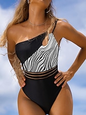 preiswerte Einteilige Badeanzüge-Damen normaler Badeanzug tropisch geometrisch ärmellos V-Bügel offener Rücken Druck Party Urlaub Regular Fit Leopard schwarz weiß Sommer