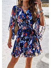 abordables Robes fleuries décontractées-robe décontractée pour femme robe fourreau robe d&#039;été rose imprimé 3D cravate devant imprimé col en V manches papillon mini robe bohème mignon rendez-vous vacances demi manches été printemps