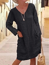 preiswerte Kleider aus Baumwolle und Leinen entwerfen-Damen Schwarz Gelb Kaki Sommer Frühling Midikleid Leinen-inspirierte Kleider schwarzes kleid Freizeitkleid Basic Modern Täglich Wochenende Lässiger Schnitt Einfach V Ausschnitt