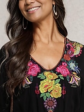 preiswerte abendkleider-Besticktes Maxikleid für Damen, V-Ausschnitt, lange Ärmel, Blumenmuster, Folk-inspiriert, schwarz, mehrfarbig, elegant, leger bis halbformell, für Frühling und Herbst, leicht, bequeme Passform, in