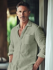 cheap Luxury Linen Shirts-45% Linen Pocket Men&#039;s Linen Shirt Shirt Button Up Shirt Summer Shirt Black White Blue Long Sleeve Plain Lapel Spring &amp;  Fall Outdoor Daily Clothing Apparel