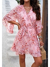 abordables Robes fleuries décontractées-robe décontractée pour femme robe fourreau robe d&#039;été rose imprimé 3D cravate devant imprimé col en V manches papillon mini robe bohème mignon rendez-vous vacances demi manches été printemps