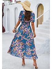 economico Abiti eleganti floreali-abito tubino da donna abito in chiffon prendisole floreale grafico elastico in vita stampa scollo a V spalle scoperte abito lungo abito lungo elegante tropicale festa appuntamento manica corta estate