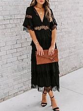 cheap White Lace Dresses-Women&#039;s White Dress Long Dress Maxi Dress Lace with Sleeve Wedding Date Vacation Elegant Bohemia V Neck Half Sleeve Black Pink Color