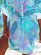 economico Gli animali si vestono-Womens Mini Dress Camicia Vestito Camicie Hawaiane Fluttuante Moda Bottoni Stampa Maniche Lunghe Colletto Camicia Lunghe Casual Vacanza Spiaggia Bianco Blu Viola Estate Vestiti da Spiaggia