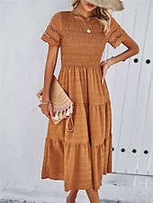 baratos Vestidos de renda branca-Mulheres Vestido branco Vestido midi Com Transparência Patchwork Encontro Férias Roupa de rua Básico Gola Redonda Manga Curta Preto Branco Marron Cor
