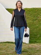 cheap Women&#039;s Plain Tops-Women&#039;s Shirt Blouse Fashion Mesh Patchwork Print Long Sleeve Regular Tops V Neck Casual Black Spring &amp;  Fall