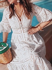 levne Bílé krajkové šaty-Dámské Midi šaty Bílé šaty Volnočasové šaty Bílé krajkové svatební šaty Boho šaty Elegantní Šik ven A Dovolená ulice Rande Štíhlý Poloviční rukáv Do V Bílá Světlá růžová Světle modrá Léto