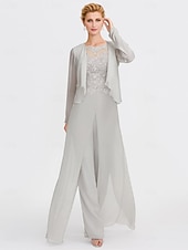 abordables Combinaisons pour maman-Ensemble jumpsuit  pantalon en deux pièces de mariage à la plage mère de la mariée invitée de mariage formelle élégante wrap inclus col bateau longueur sol chiffon manches 3/4 avec appliques 2025