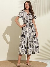 abordables robe décontractée imprimée-robe fleurie à manches bouffantes et col en V à rayures en coton