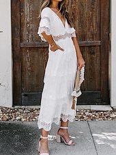 cheap White Lace Dresses-Women&#039;s White Dress Long Dress Maxi Dress Lace with Sleeve Wedding Date Vacation Elegant Bohemia V Neck Half Sleeve Black Pink Color