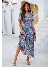 economico Abiti eleganti floreali-abito tubino da donna abito in chiffon prendisole floreale grafico elastico in vita stampa scollo a V spalle scoperte abito lungo abito lungo elegante tropicale festa appuntamento manica corta estate