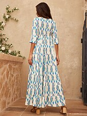 baratos Vestidos Florais-vestido maxi geométrico de cetim com decote em V