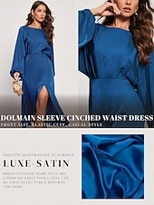 billiga Blommiga klänningar-kvinnors gästklänning för bröllop koboltblå elegant cocaktail midiklänning satin dolman långärmad främre slits båthals