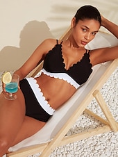 voordelige designer badmode-Lange triangel bikiniset met bloemblaadjesrand, zwart en wit