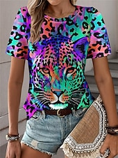 cheap Animals tee-Women&#039;s T Shirt Leopard Fashion Short Sleeve Crew Neck Regular Tops Daily Weekend Print Blue Purple Fuchsia Green Gray Summer
