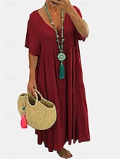 abordables Vestidos-Mujer Vino Azul Marino Naranja Verano Primavera Vestido maxi Vestidos de lino y algodón Vestido informal Vestido de verano de algodón Básico Moderno Diario Fin de semana Holgado Plano Escote en Pico